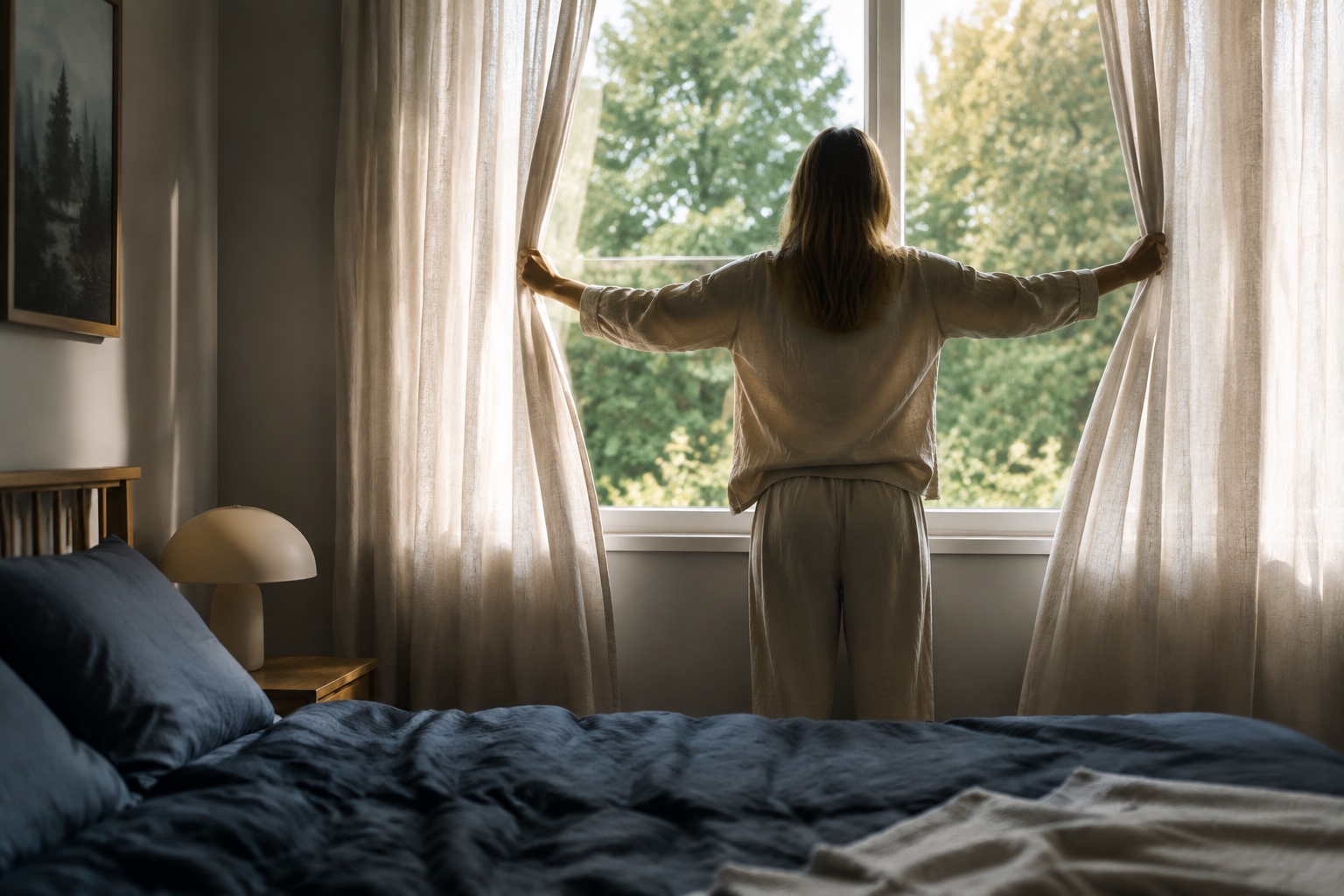 Person åbner gardinerne og lukker morgenlyset ind i soveværelset