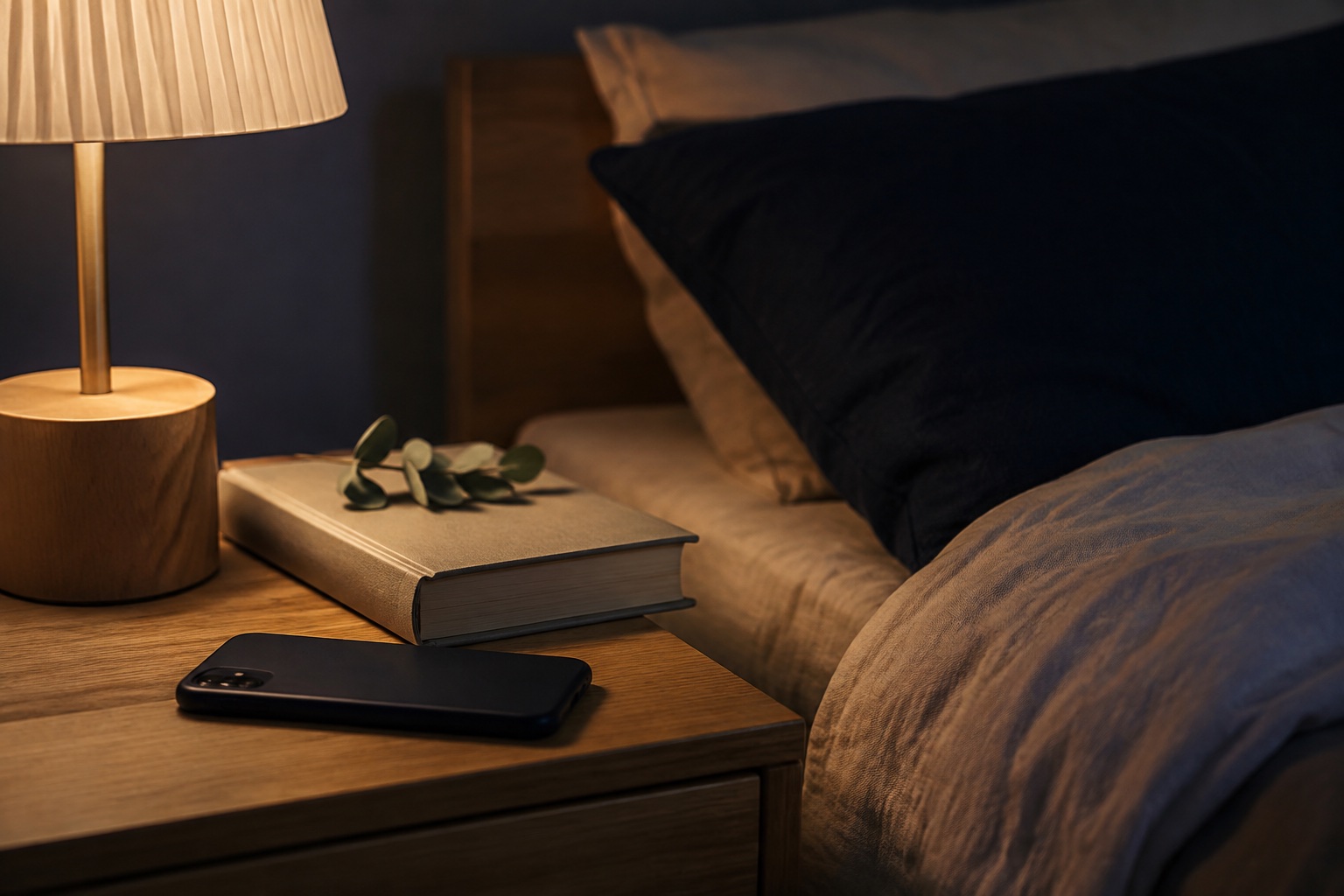 Mobiltelefon med skærmen nedad ved siden af en bog og en varm lampe