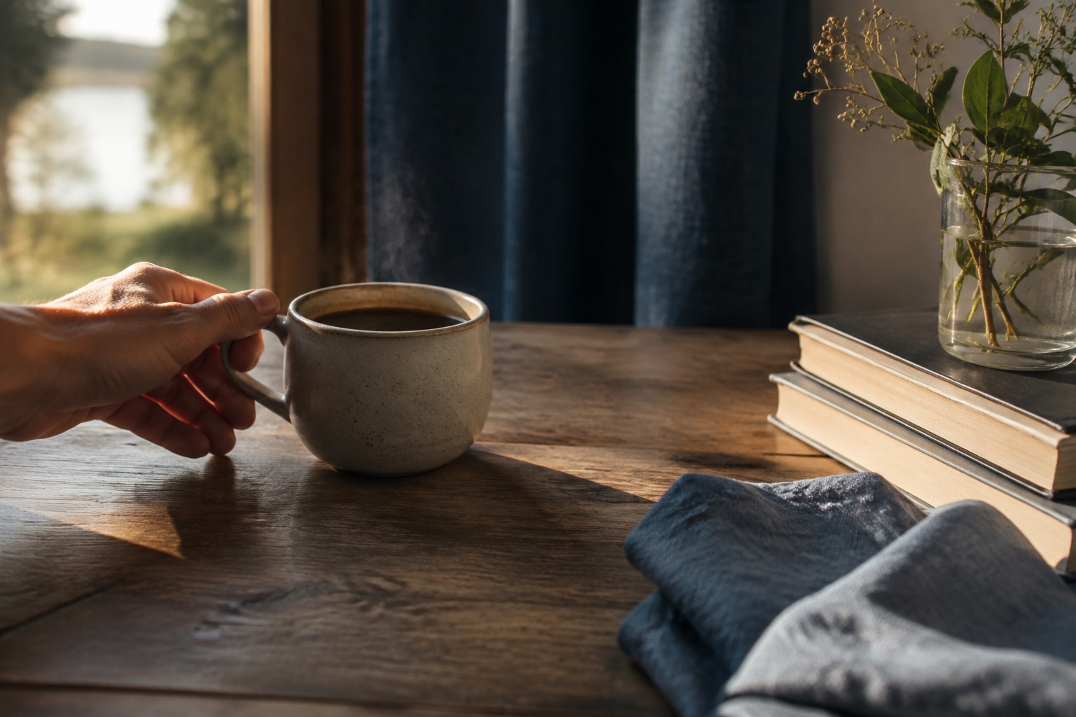 En hånd flytter en kaffekop på et bord i eftermiddagslys
