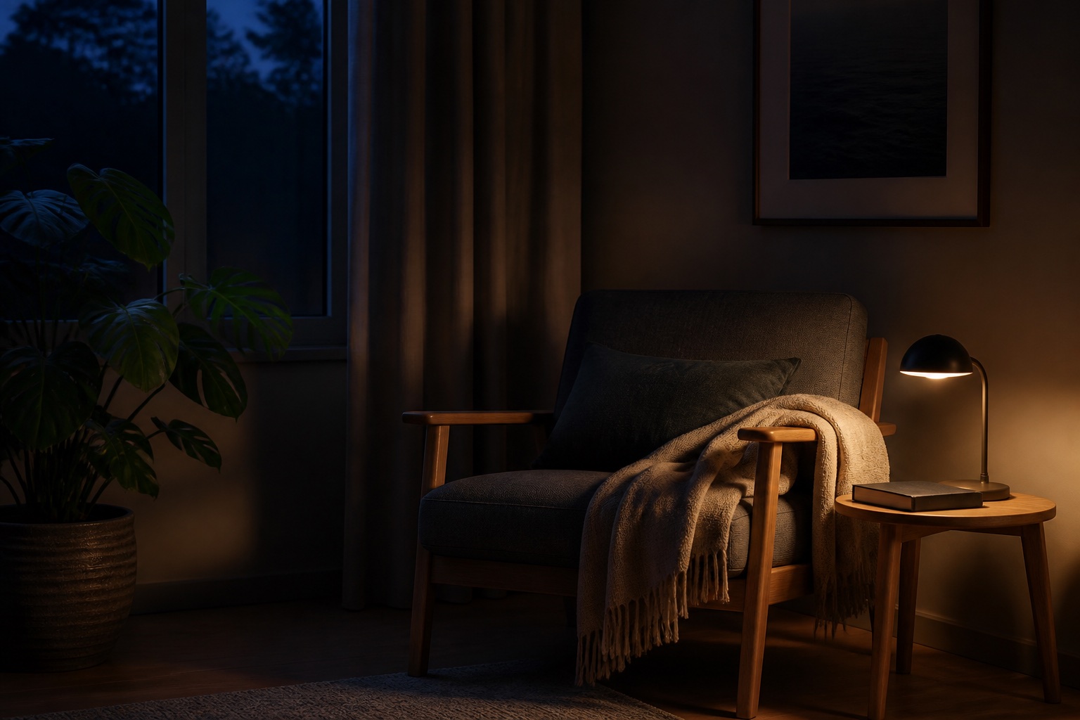 Tom læsestol med tæppe og en svagt lysende lampe om natten
